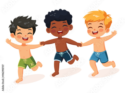 Happy children of different nationalities running holding hands in bathing suits on white background. Poster, Banner, Flyer, Summer time. Vector illustration in flat cartoon style