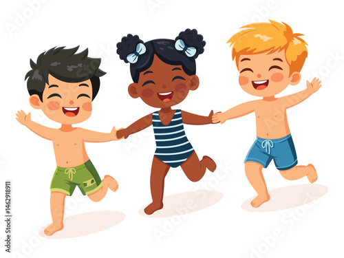 Happy children of different nationalities running holding hands in bathing suits on white background. Poster, Banner, Flyer, Summer time. Vector illustration in flat cartoon style