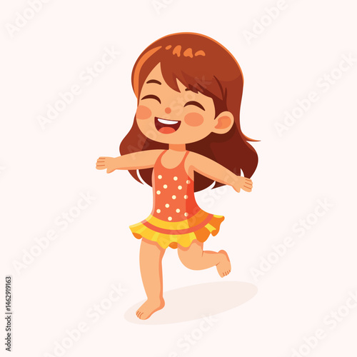 Cute and happy girl running in bathing suits on white background. Poster, Banner, Flyer, Summer time. Vector illustration in flat cartoon style