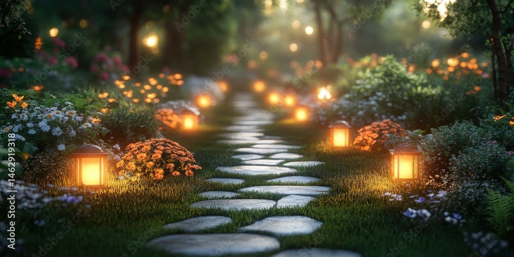 Night Garden Pathway Illuminated by Warm Lamps in Serene Outdoor Setting Night Garden Pathway Illuminated by Warm Lamps in Serene Outdoor Setting