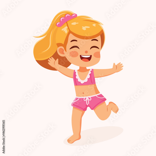 Cute and happy girl running in bathing suits on white background. Poster, Banner, Flyer, Summer time. Vector illustration in flat cartoon style