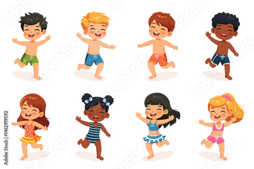 Set of cute and happy children of different nationalities running on the beach in bathing suits on white background. Poster, Banner, Flyer, Summer time. Vector illustration in flat cartoon style