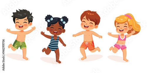 Set of cute and happy children of different nationalities running on the beach in bathing suits on white background. Poster, Banner, Flyer, Summer time. Vector illustration in flat cartoon style