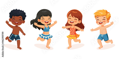 Set of cute and happy children of different nationalities running on the beach in bathing suits on white background. Poster, Banner, Flyer, Summer time. Vector illustration in flat cartoon style