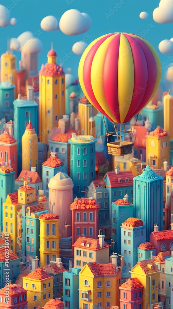 Whimsical cityscape with colorful buildings and a festive air balloon exploration Whimsical cityscape with colorful buildings and a festive air balloon exploration