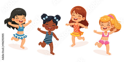 Set of cute and happy children of different nationalities running on the beach in bathing suits on white background. Poster, Banner, Flyer, Summer time. Vector illustration in flat cartoon style
