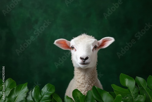 Cute lamb with fluffy white fur and curious expression set against a green backdrop surrounded by lush leaves