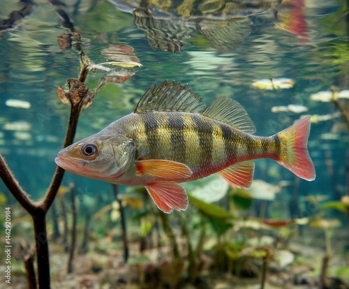 European perch swimming in a pond