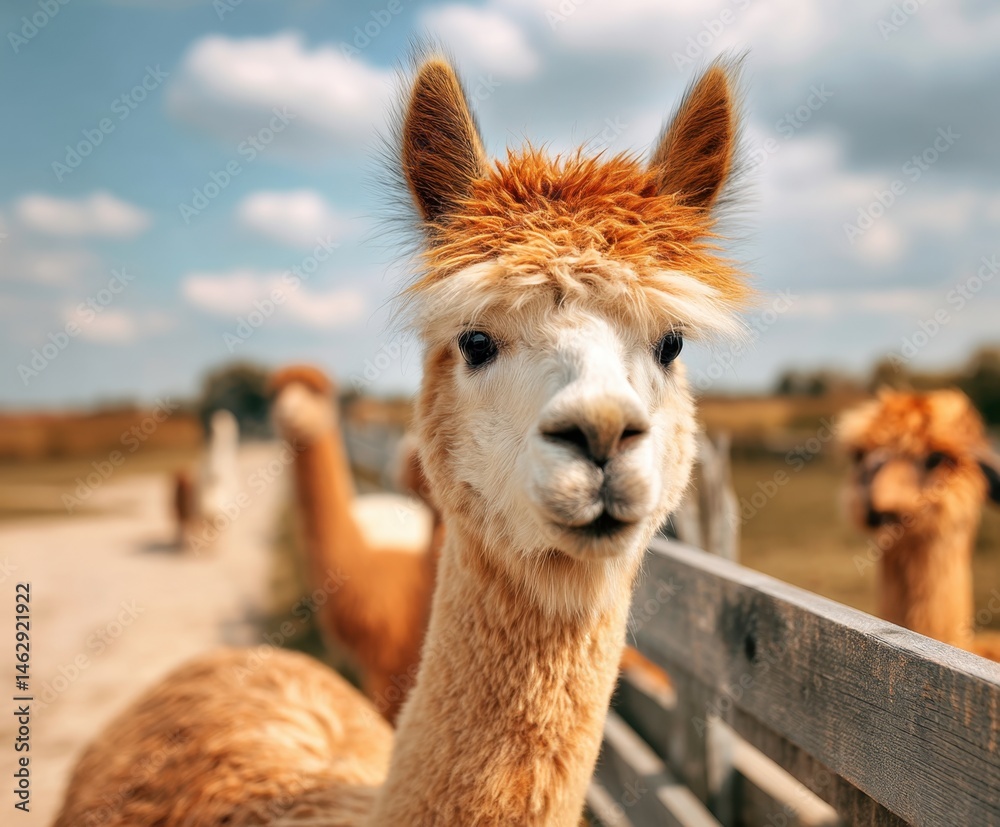 Obraz premium Cute alpaca on a ranch on a summer day. Domestic alpacas graze in a pasture