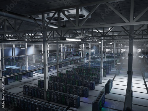 Server cabinets gear in low light data center storing training sets used in AI development and analytics. Rackmount infrastructure delivering scalable computing, 3D rendering