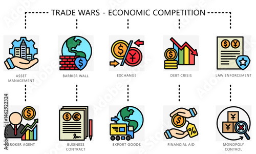 Trade wars outline color icons set. Contain management, broker, exchange, export, law, financial, barrier, contract, control and more. Vector for UI, UX kit, digital, print, web and app development.