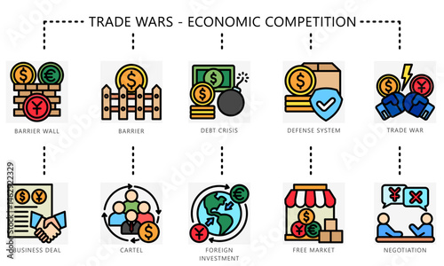 Trade wars outline color icons set. Contain cartel, barrier, crisis, investment, market, trade wars, negotiation, deal and more. Vector for UI, UX kit, digital, print, web and app development.