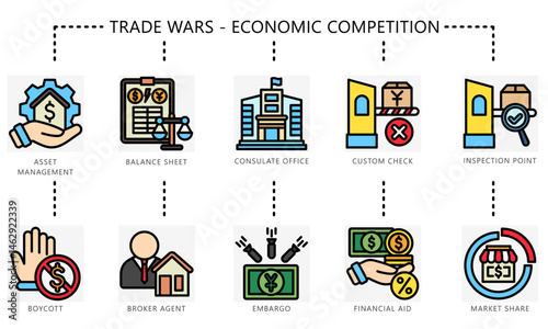 Trade wars outline color icons set. Contain management, boycott, check, embargo, consulate, broker, resolution, balance, market and more. Vector for UI, UX kit, digital, print, web and app development