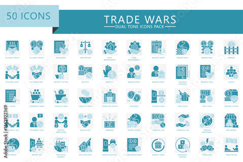 Trade wars dual tone icons set. Contain agreement, embargo, export, rate, tax, crisis, deal, resolution, boycott, commerce and more. Vector for finance, economy UI, UX kit, web and app development