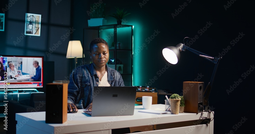 Teleworker working from home, typing on laptop keyboard, writing in document. Remote employee pressing keys on notebook keyboard, sending emails to business partners, camera B close up