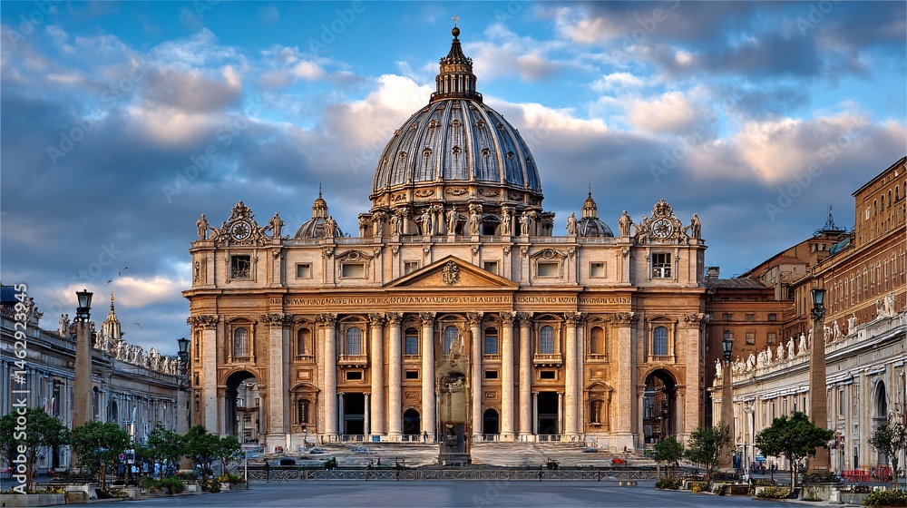 Obraz premium Majestic view of St. Peter's Basilica with intricate architecture, captured from a frontal angle