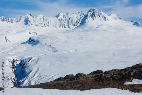 Billede på lærred Light shines on a fresh blanket of snow high in the rugged Alaskan mountains