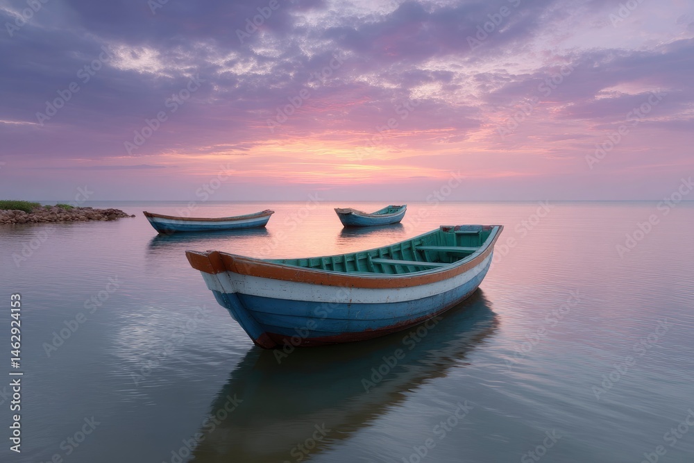 Serene Sunset: Three Boats at Dusk in a Tranquil Seascape Serene Sunset: Three Boats at Dusk in a Tranquil Seascape