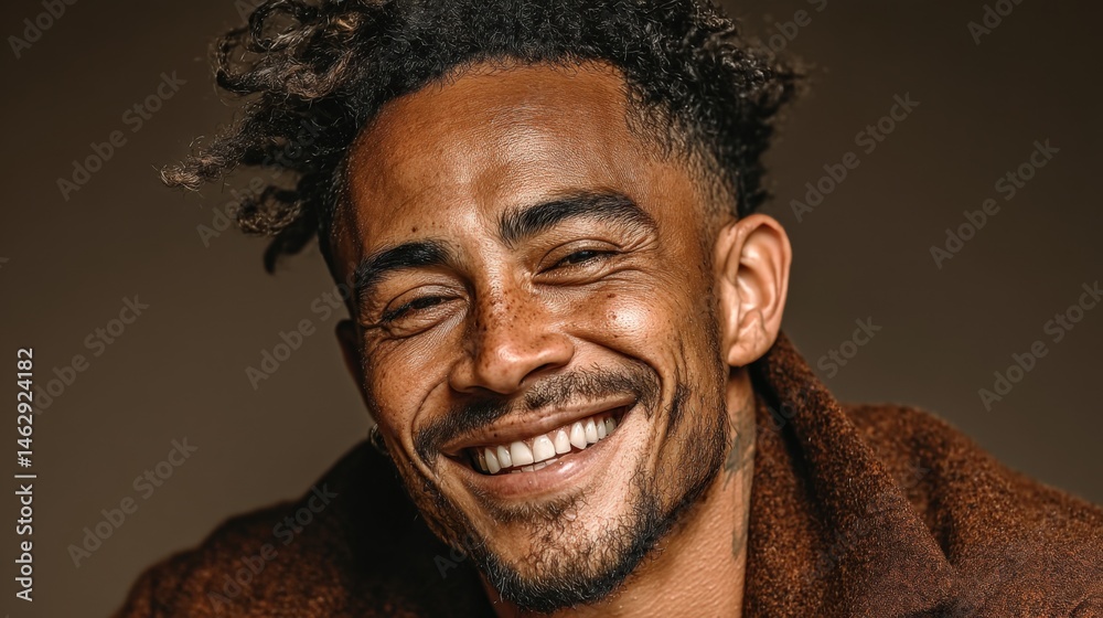 Cheerful Man with Curls Smiling Against a Warm Background Cheerful Man with Curls Smiling Against a Warm Background