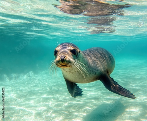 A fur seal or sea lion swims in clear water