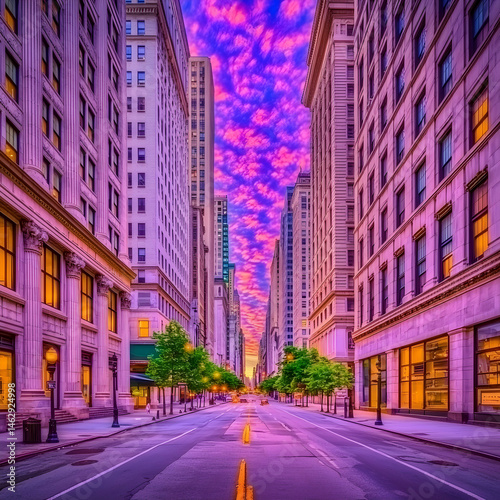 Vibrant sunrise cityscape street canyon; city buildings, pink sky, early morning. Use travel brochure