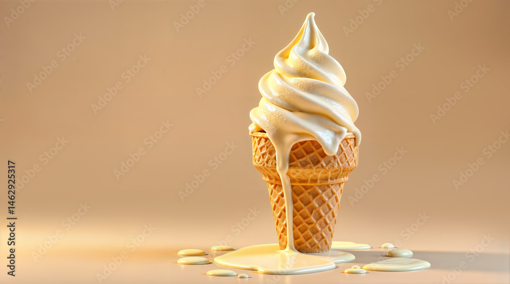 Ice Cream Cone, Overflowing vanilla ice cream cone with drips on beige background. hyper-realistic dessert photography.