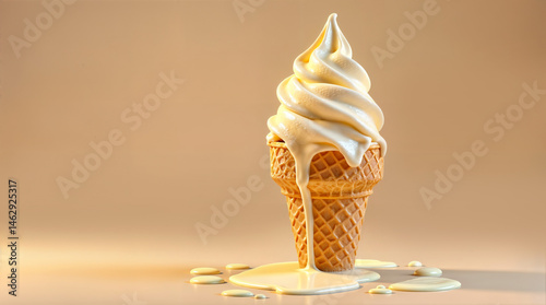 Obraz na płótnie Ice Cream Cone, Overflowing vanilla ice cream cone with drips on beige background. hyper-realistic dessert photography. w salonie