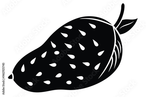 A black stylized silhouette depicts a strawberry bearing teardrop seeds and a leafy stem