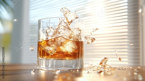 A crystal glass filled with whiskey and ice cubes captures sunlight, creating a vibrant display of reflections and textures that embodies a moment of refinement and relaxation.