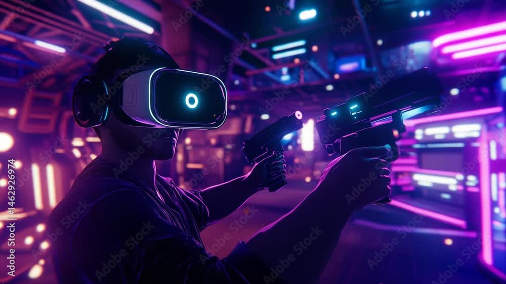 Immersive virtual reality gaming experience with neon lights and futuristic weapons Immersive virtual reality gaming experience with neon lights and futuristic weapons