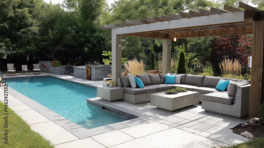 Fototapeta premium Luxury pool deck with slatted pergola and concrete furniture 