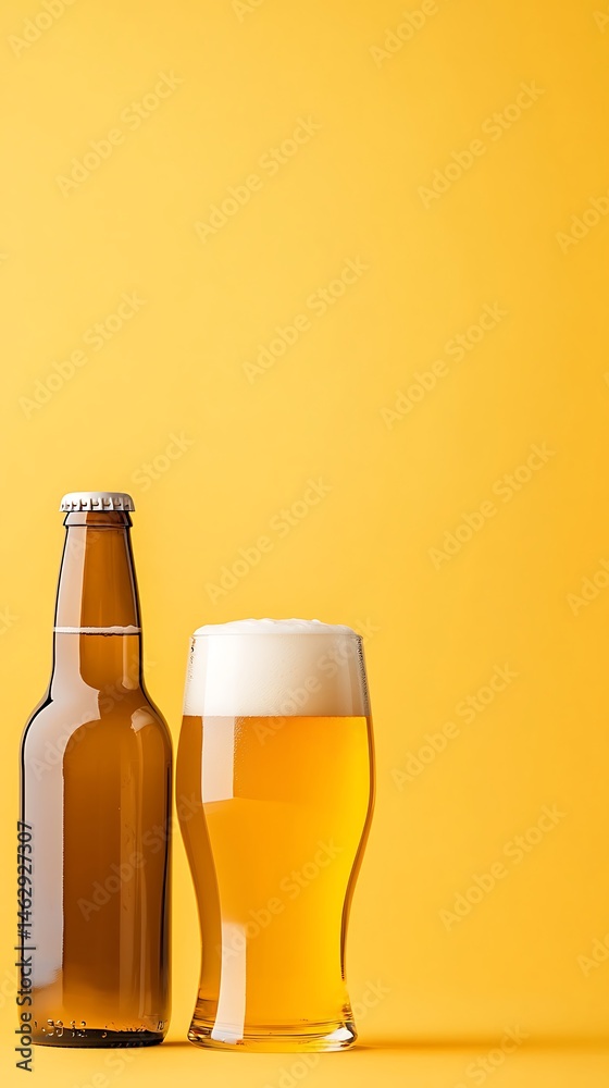 Beer Bottle and Glass on Yellow Background Beer Bottle and Glass on Yellow Background