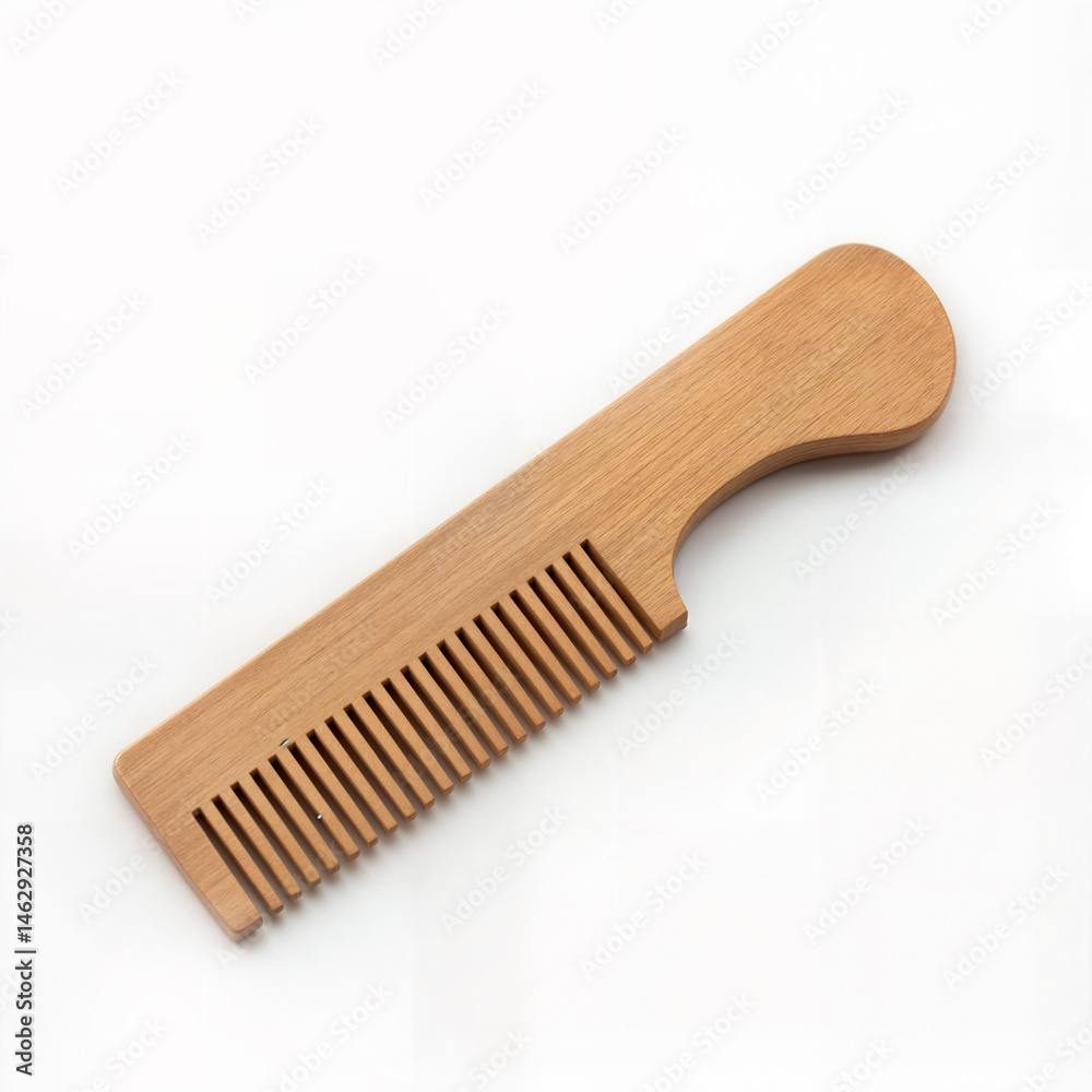 Wooden Comb. Carved wooden comb on white background. 32K UHD clean product shot highlighting natural wood grain details