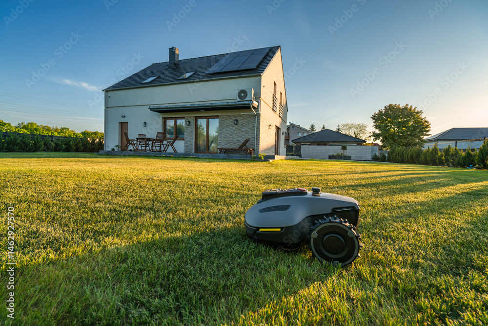 Robotic lawn mower cutting grass under sunset light
