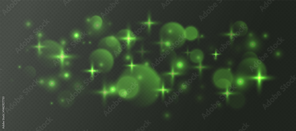 Green bokeh with stars and sparkles, shiny overlay decoration isolated on grey background. Vector illustration.