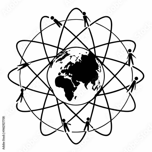 Abstract Line Drawing of a World Globe Encircled by Interconnected People, Representing Global Solidarity and Environmental Protection, Perfect for NGO Websites.
