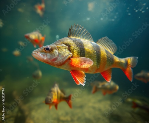 European perch swimming in a pond