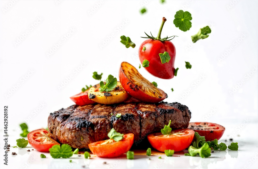 Grilled Steak with Tomatoes. Grilled steak topped with tomato slices and herbs, accompanied by more tomatoes on white surface. Meat photography.