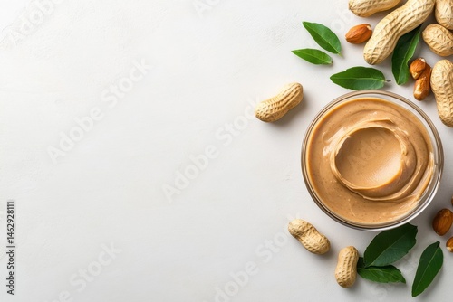 Wallpaper Mural Creamy peanut butter in a glass jar surrounded by whole peanuts and green leaves on a light background Torontodigital.ca