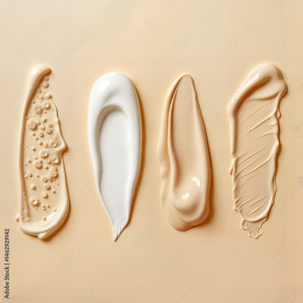 Stylized Lotion Drops. Stylized Lotion Drops. Four vertically arranged lotion drops on beige background: bubbly translucent, smooth white, textured beige, and patterned. Soft-lit to highlight textures