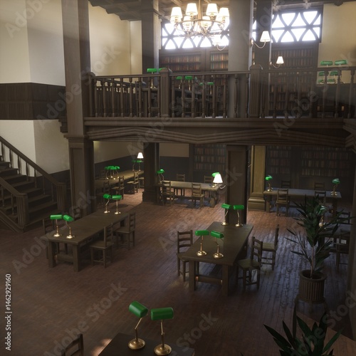 Traditional academic library with reading desks, green lamps and mezzanine with bookshelves. Formal study environment with ornate lighting, polished wood floors and books on shelves