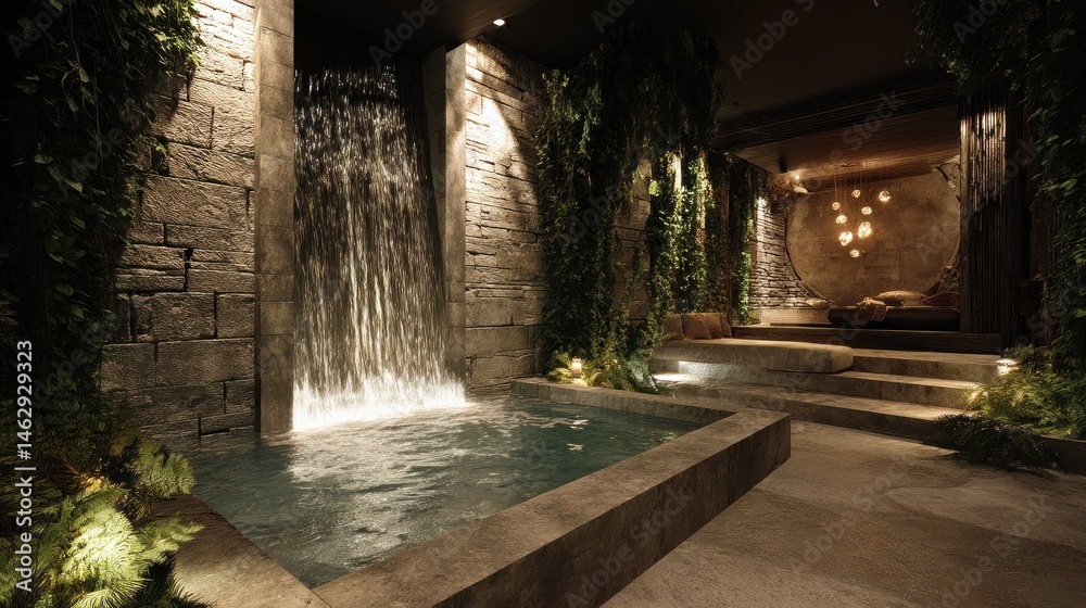 Fototapeta premium Luxury spa retreat with waterfall feature and steam room 