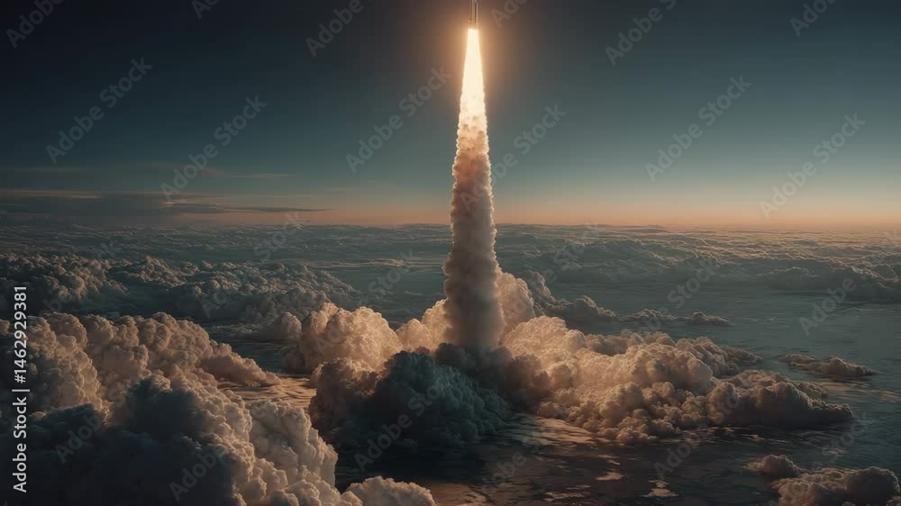 Powerful space vehicle ascends from thick cloud layer into darkening sky, leaving behind glowing exhaust and towering plume. Concept of exploration, innovation and space technology