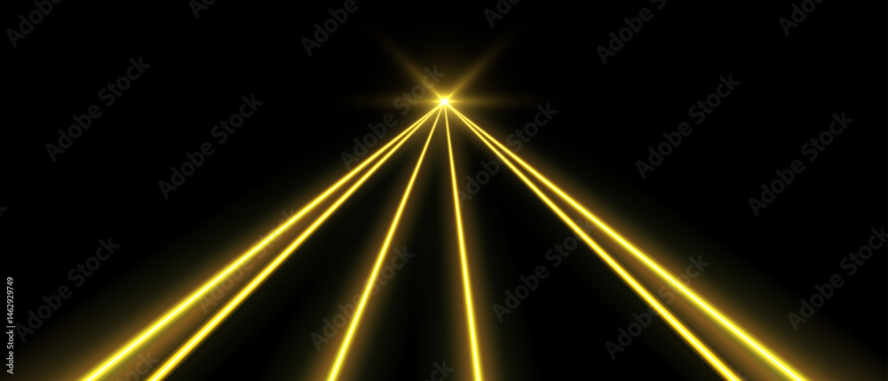 Yellow laser beams, concert or nightclub spotlights light effect. Lasers in motion, abstract perspective background. Vector illustration.