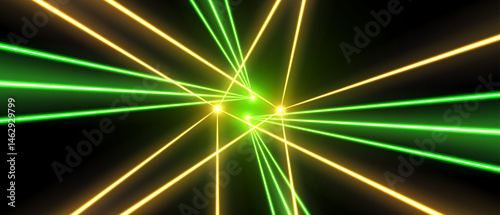 Laser rays or beams, glowing neon lines, bright futuristic background. Motion or speed light effect. Concert or nightclub spotlights. Vector illustration.