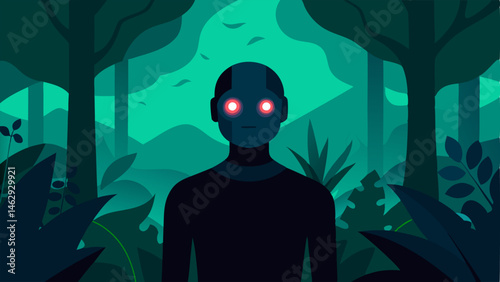 Nature Enhanced A person standing in a lush forest their bionic eye glowing lightly as they observe the intricate details of leaves and animals invisible to the d eye.
