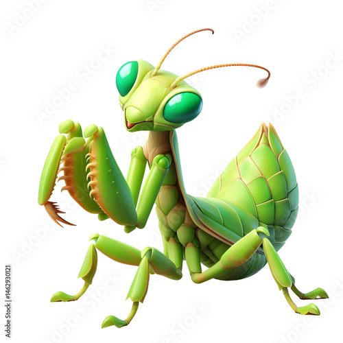 Cute 3D praying mantis isolated on white background