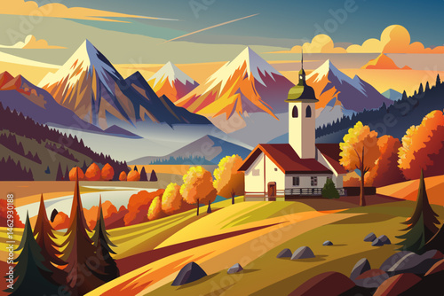 Iconic image of Bavaria with the Maria Gran church with the Hochkalter peak in the background. Amazing autumn sunrise in the Alps. Wonderful view of the German countryside in the evening. The concept 