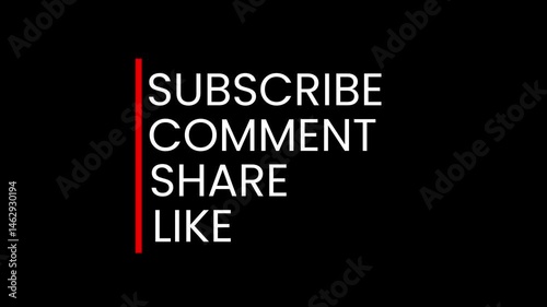 Subscribe Comment Share and Like 4k template text motion video on aplha black background.