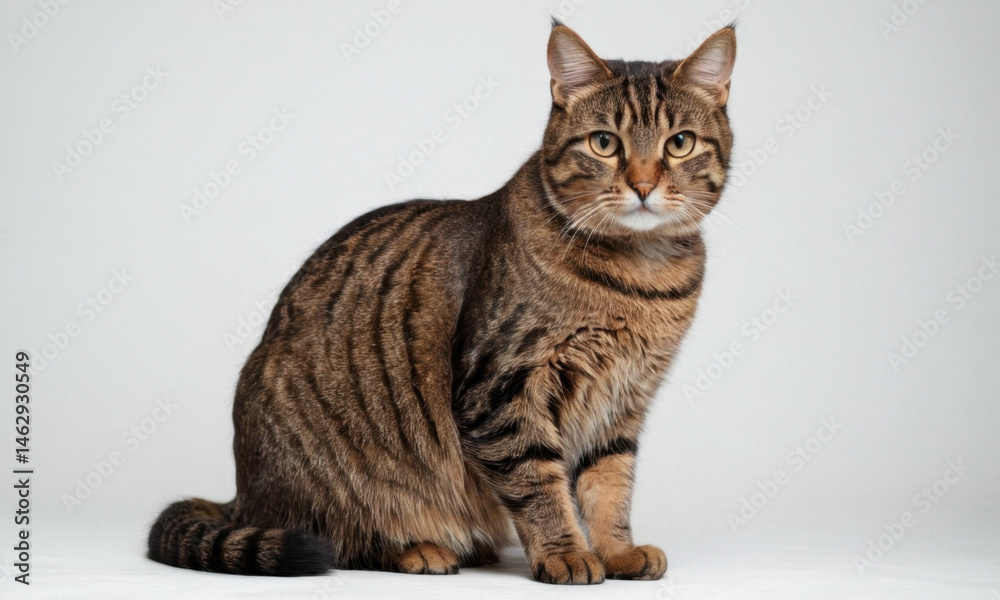 A striped cat sitting on a white surface, suitable for use in editorial or creative contexts A striped cat sitting on a white surface, suitable for use in editorial or creative contexts
